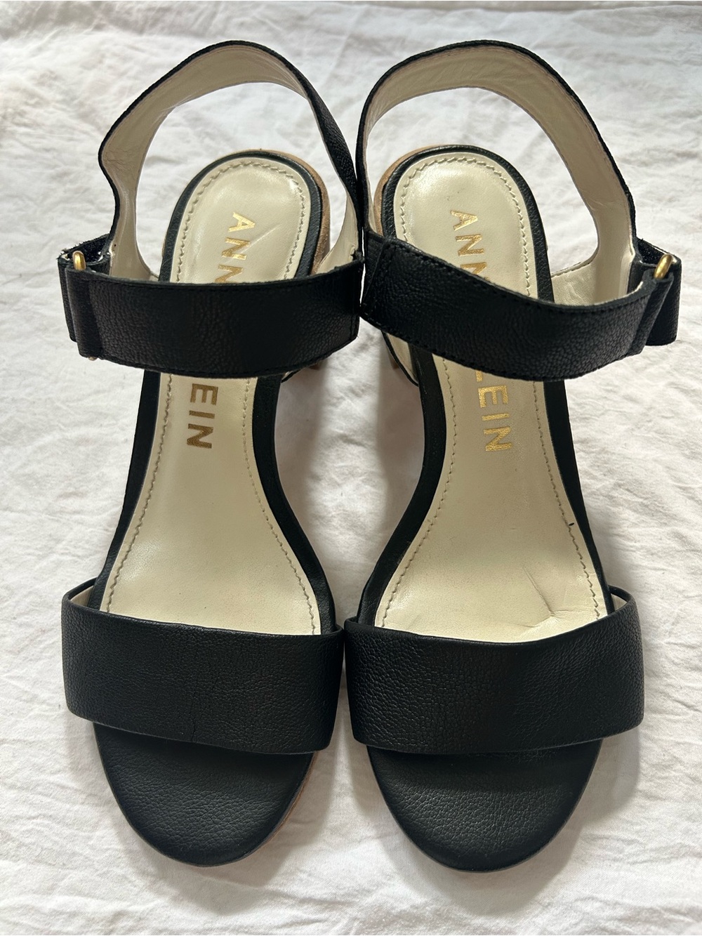 Anne Klein Jackie Black Leather Strappy Block Heel Sandals